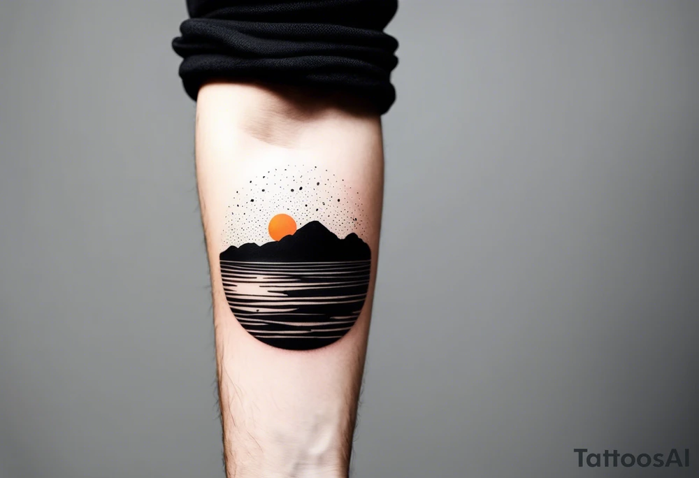 This is an extremely simple and minimalistic tattoo on male forearm. It is black and white with minuscule splashes of orange from the sun. The tattoo 4 inches wide by 2 inches tall. From the perspective of being on the ocean, Water is calm, with no waves in sight, the sun is setting behind the ocean, reflecting light onto the ocean. tattoo idea
