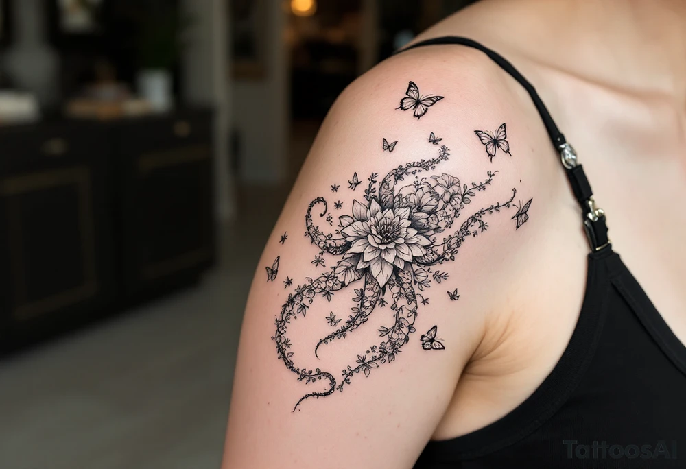 A fine-line tattoo design of a single octopus made entirely of flowers and butterflies. The octopus’s tentacles are shaped like flowing floral vines with leaves and petals, and its body is composed of overlapping blossoms and butterfly wings. Incorporate sacred geometry. The style is minimalist, elegant, and nature-inspired, with delicate black and grey lines, soft shading, and no outlines. No aquatic or marine elements besides the floral octopus. The design flows organically down the upper arm or shoulder, with a light, airy, and poetic feel, sacred, enlightened, divine patterns tattoo idea