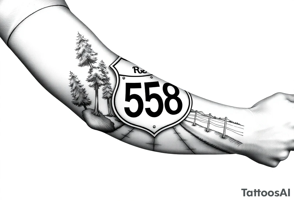 Arm sleeve small State Route sign 558, with trees all around and farm in background, road w/ view facing up the arm tattoo idea