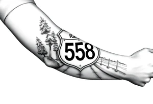 Arm sleeve small State Route sign 558, with trees all around and farm in background, road w/ view facing up the arm tattoo idea