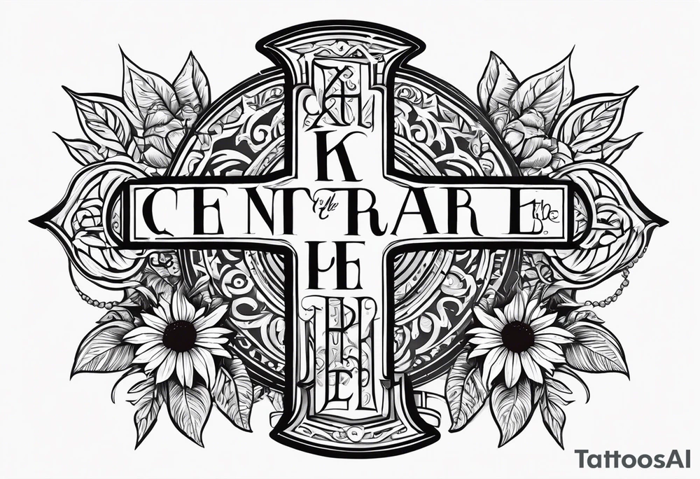 A central cross with the names Kyle Peter Lori on it with lighting a motorcycle and a sunflower around it tattoo idea