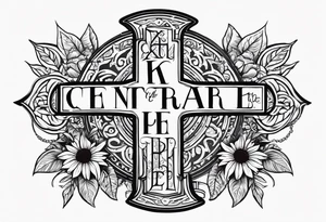 A central cross with the names Kyle Peter Lori on it with lighting a motorcycle and a sunflower around it tattoo idea