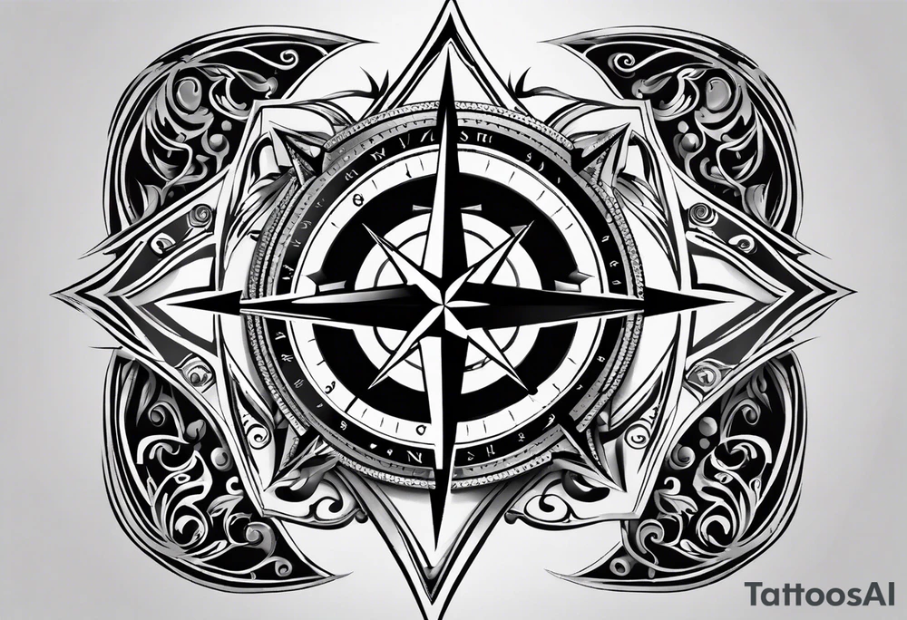 Design a Black and White tattoo featuring a compass as the central element. The compass should have sharp, bold lines and intricate markings for the cardinal directions. A prominent scar runs diagonally behind the compass, slightly tilted, with smooth but jagged edges and tapered ends. The scar should appear as a healed wound integrated into the compass’s design, creating a strong contrast between the compass and the scar. Use minimal shading to enhance depth while maintaining the high contrast typical of Black and White tattoos tattoo idea