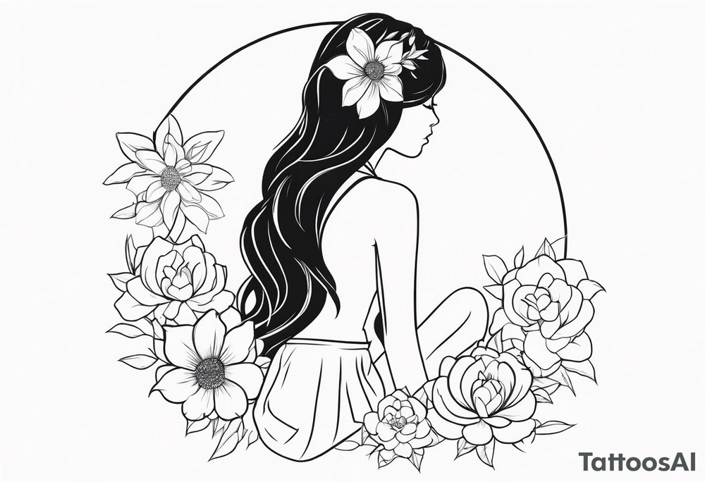 Girl with blooming flower as her head kneeling tattoo idea
