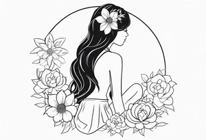 Girl with blooming flower as her head kneeling tattoo idea