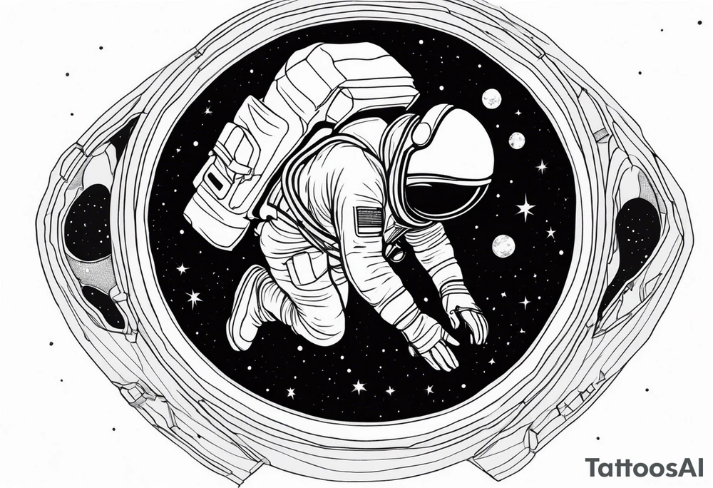 an astronaut hunched over in space from the back holding a planet in his hands tattoo idea