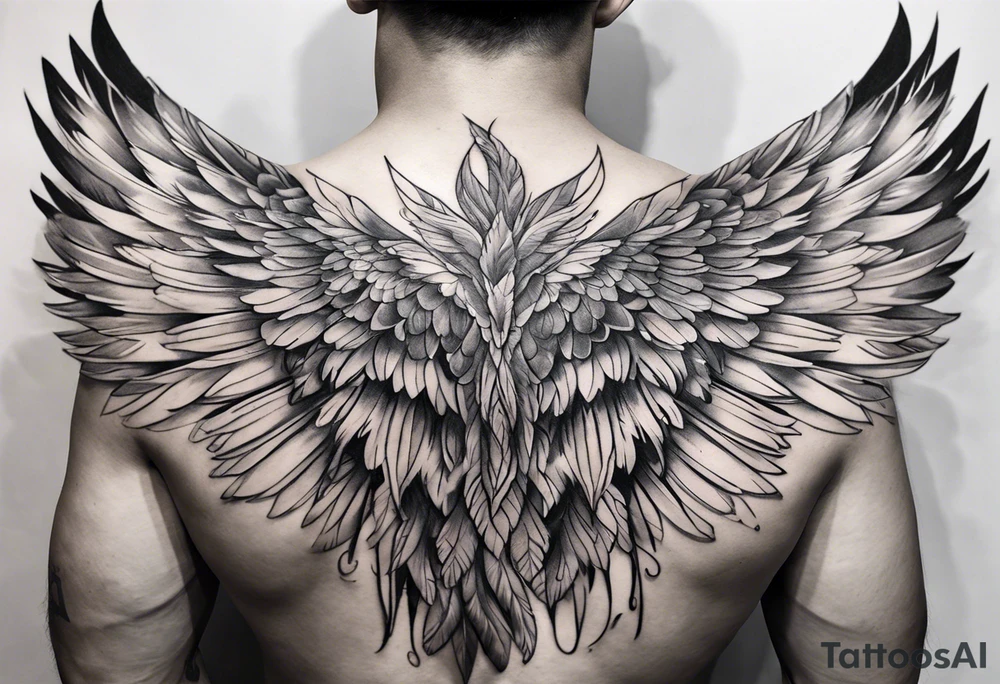 wings extending from a mens shoulders, covering the upper arms and upper back. The feathers are intricately detailed, with soft shading in black and gray to create depth and texture. The wings gently converge in the middle of the back, forming a harmonious and cohesive design. tattoo idea