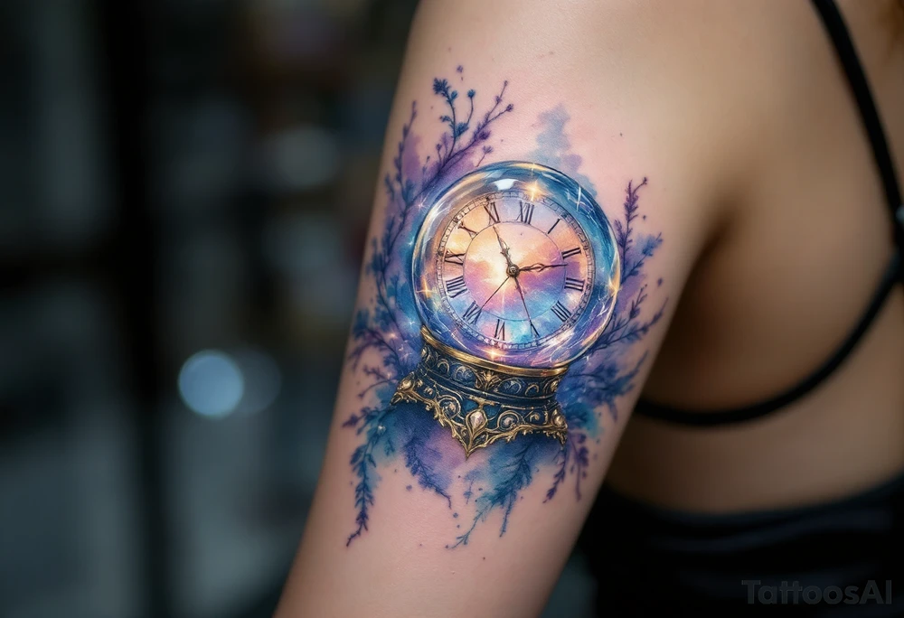 A crystal ball with an ancient clock inside, reflecting a shimmering future in pastel blues and lavenders. tattoo idea