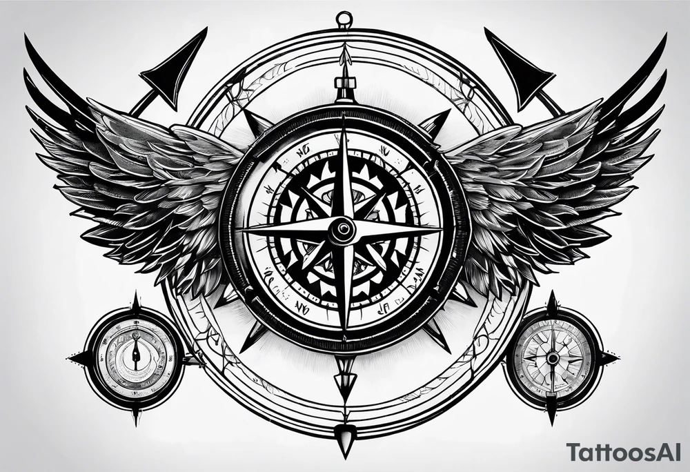 wings compass fine linework arrows tattoo idea