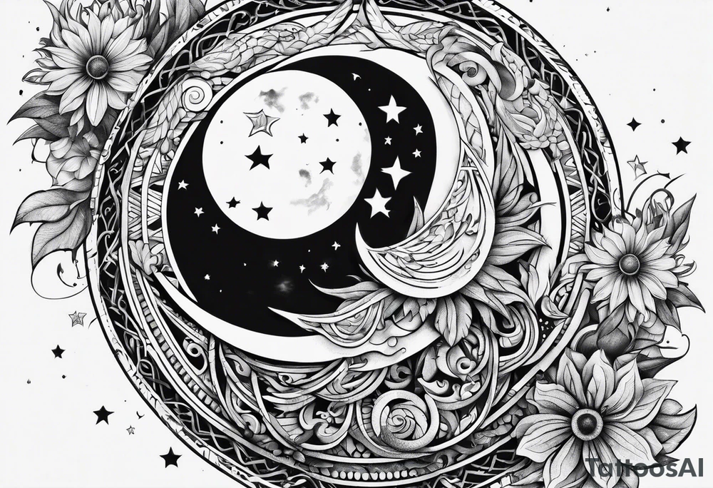 Exoteric tattoo with sun and moon tattoo idea