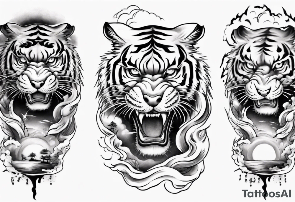 Tiger sleeve tattoo with lightning and the sun tattoo idea