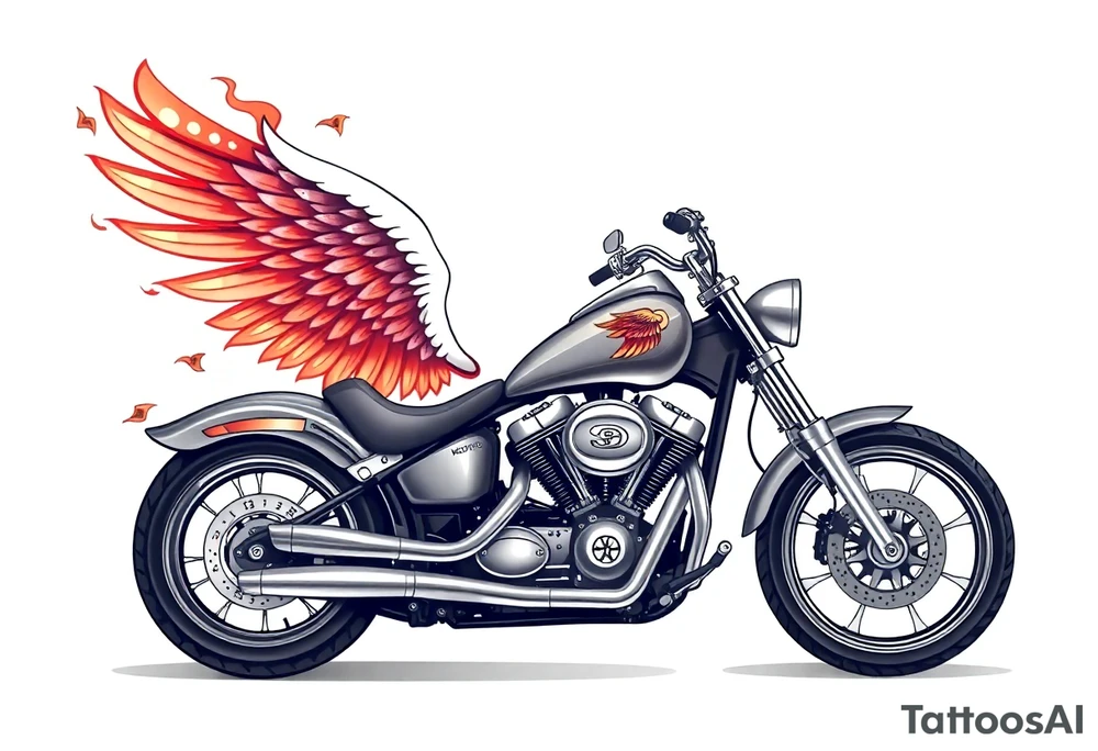 Low rider grey motorcycle, flames, angel wings tattoo idea