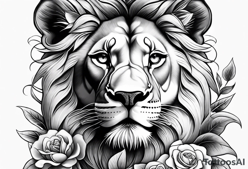 Lioness thigh tattoo with flowers tattoo idea Lioness thigh tattoo with flowers tattoo idea