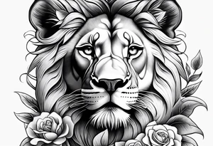 Lioness thigh tattoo with flowers tattoo idea