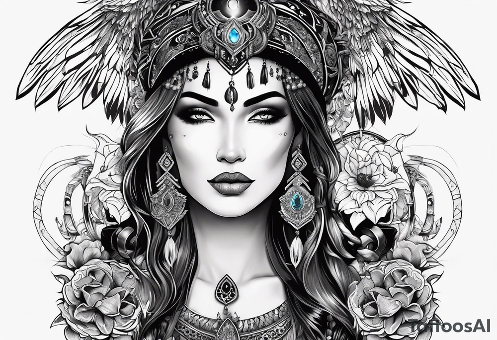 black kali, goddess pirate, alien, pachamama, valkrye, warrior, skull, lotus azul, wing, eagle, zenza resonance, stars, 5D tattoo idea