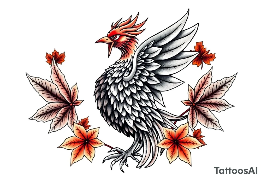 powerful majestic japanese phenix surrounded by maple leaf tattoo idea