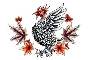 powerful majestic japanese phenix surrounded by maple leaf tattoo idea