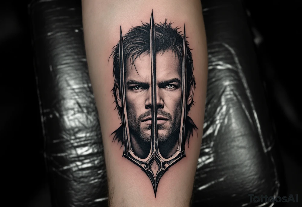 close-up Dexter Morgan face behind a trident tattoo idea