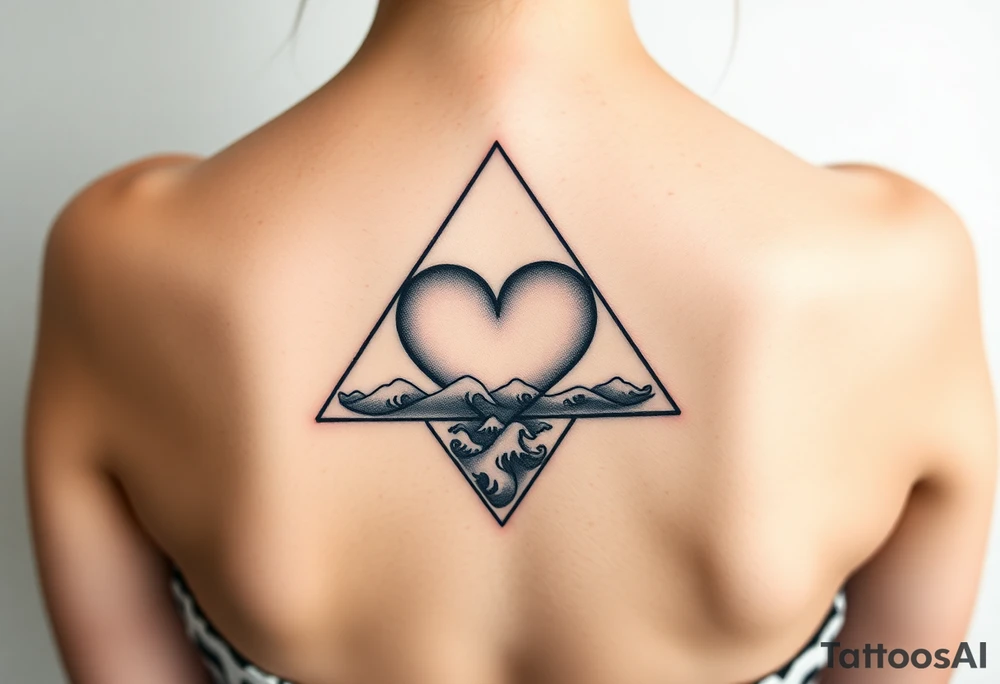 A triangle with a big heart in the center with an ocean travel theme tattoo idea