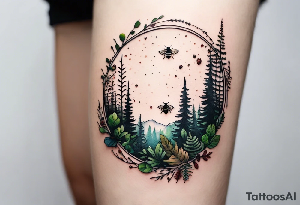 forest floor inspired minimalist tattoo, which includes grass, curly ferns, moss and dead leaves as the bulk of the tattoo. details to include: forest berries, a tiny bumblebee flying nearby, three small brown mushrooms
Generate a vertically long one tattoo idea