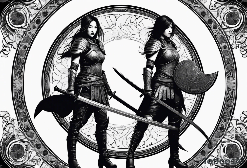 3 female warriors in full body armor wielding dual swords, facing away, in front of a incomplete enso circle tattoo idea
