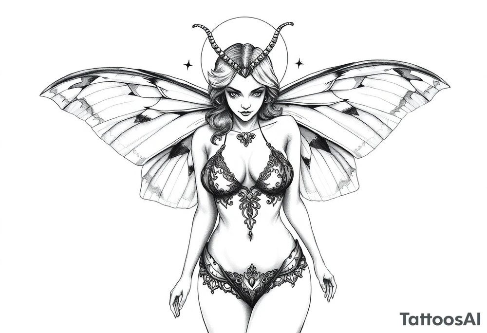 ethereal lunar moth resemblance powerfully sexy depiction of the goddess estate nude full frontal with exotic erotic lingerie orgasmic stare tattoo idea