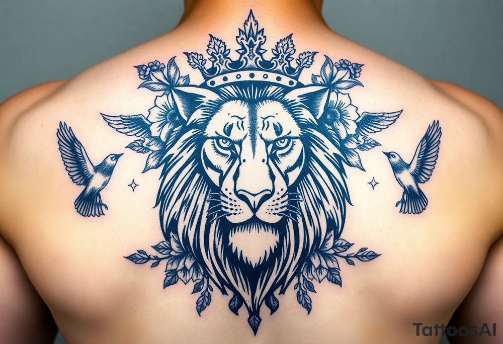 powerful majestic lion with a crown, surrounded by floral ornaments and birds tattoo idea