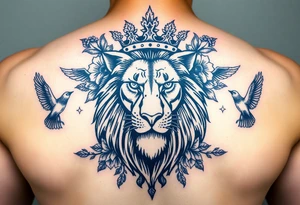 powerful majestic lion with a crown, surrounded by floral ornaments and birds tattoo idea