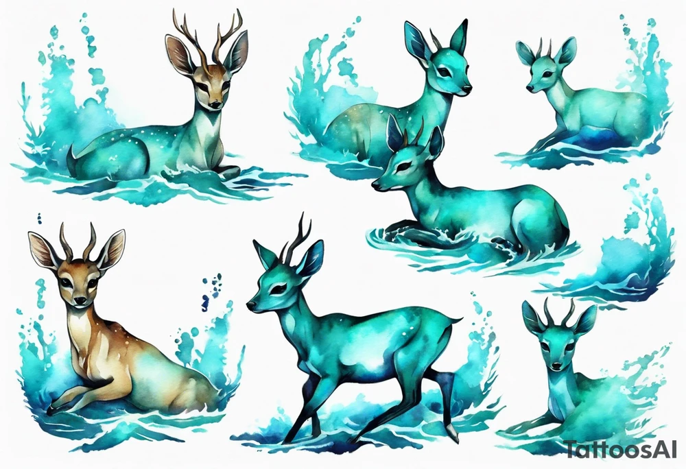 a turquoise water deer emerging from the sea tattoo idea