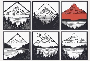 cardinal directions with haystack rock in the top left, mount hood in the top right, alsea falls in the bottom left, crater lake in the bottom right tattoo idea