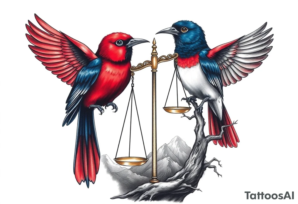 one of the birds red wearing a suit, other bird navy blue with glasses or holding a book, scales of justice built into a tree, starry night painting and mountain background tattoo idea