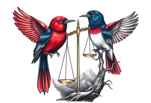 one of the birds red wearing a suit, other bird navy blue with glasses or holding a book, scales of justice built into a tree, starry night painting and mountain background tattoo idea