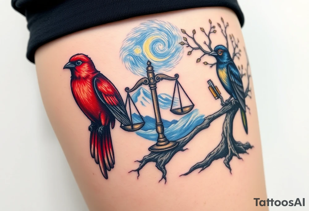 one of the birds red wearing a suit, other bird navy blue with glasses or holding a book, scales of justice built into a tree, starry night painting and mountain background tattoo idea