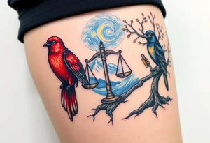 one of the birds red wearing a suit, other bird navy blue with glasses or holding a book, scales of justice built into a tree, starry night painting and mountain background tattoo idea