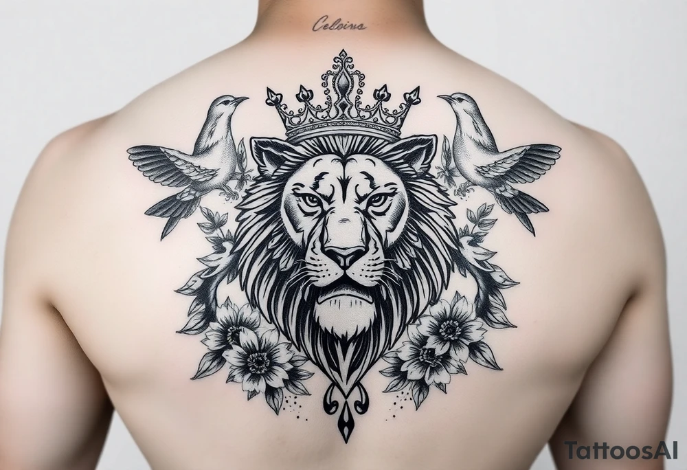 powerful majestic lion with a crown, surrounded by floral ornaments and birds tattoo idea