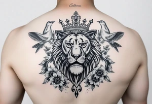 powerful majestic lion with a crown, surrounded by floral ornaments and birds tattoo idea
