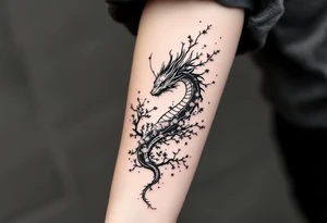 detailed dragonite (pokémon) japanese style sakura trees abstract lines dark/rough aesthetic tattoo idea