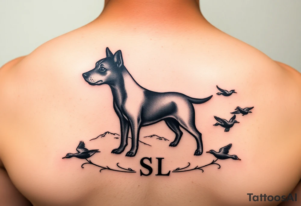 Small Hunting tattoo featuring a small upland dog silhouette, Italian and American flag, SSL initials, with some ducks in sky tattoo idea