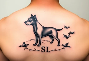 Small Hunting tattoo featuring a small upland dog silhouette, Italian and American flag, SSL initials, with some ducks in sky tattoo idea