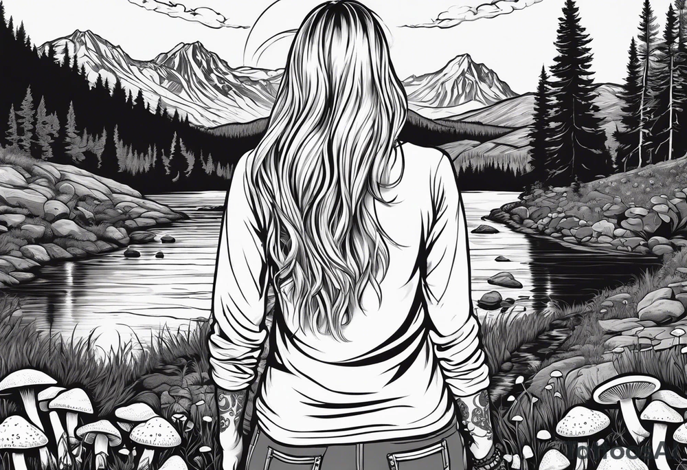 Whole picture encircled fully

Straight long blonde hair hippie girl in distance holding mushrooms in hand facing away toward mountains and creek surrounded by mushrooms long sleeve shirt and hiking pants; whole rendering within a full circle, no cut off circle tattoo idea