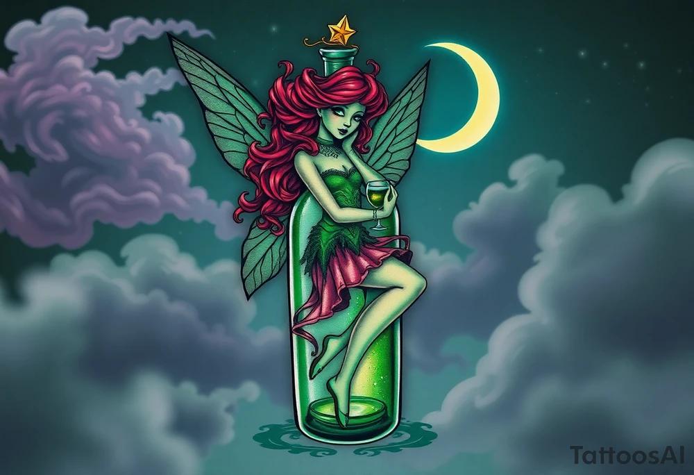 Tim Burton’s pin up style Vintage Parisian elegant and hauntingly beautiful yet eerie full body absinthe Green Fairy dances outside her victorian crystal decatur she was once inside this elaborate ornate bottle absinthe bottle Absinthe Art Nouveau   and dripping with muted reds, dusty pinks, and eerie green glow.purple and cyan smokey clouds swirl in the crescent moonlit sky thats sprinkled with stars tattoo idea