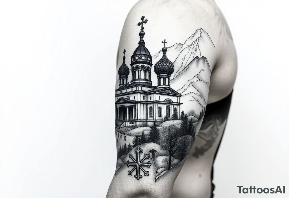 russian orthodox christian left arm tattoo with st basils cathederal in a mountainous setting with a russian coat of arms tattoo idea