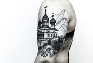 russian orthodox christian left arm tattoo with st basils cathederal in a mountainous setting with a russian coat of arms tattoo idea