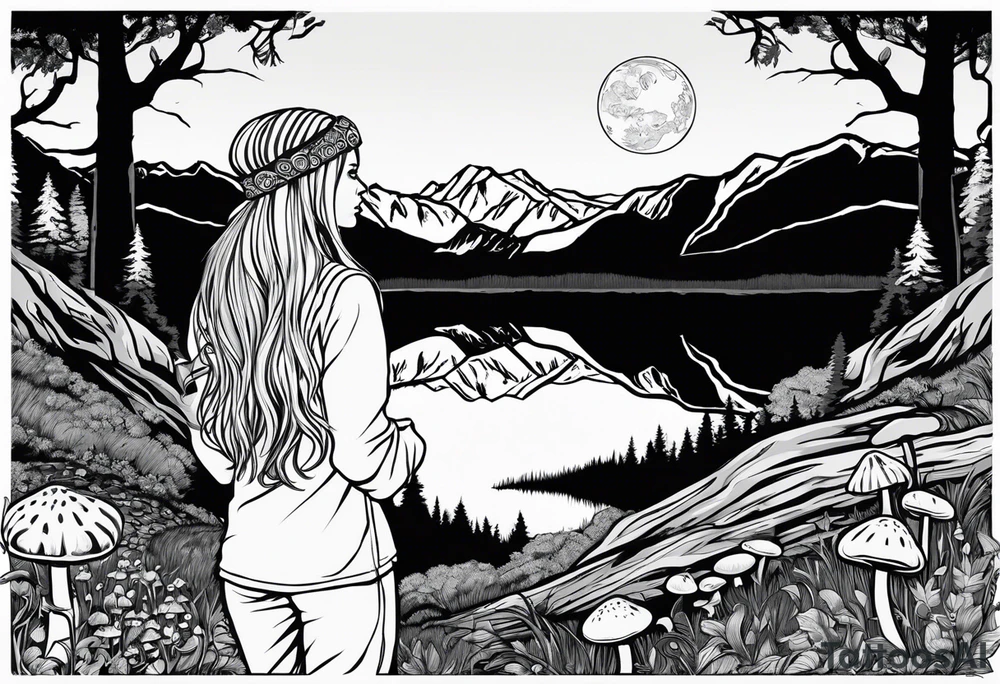 Whole picture encircled fully

Straight long blonde hair hippie girl in distance holding mushrooms in hand facing away toward mountains and creek surrounded by mushrooms long sleeve shirt and hiking pants; whole rendering within a full celtic circle border, no cut off circle tattoo idea