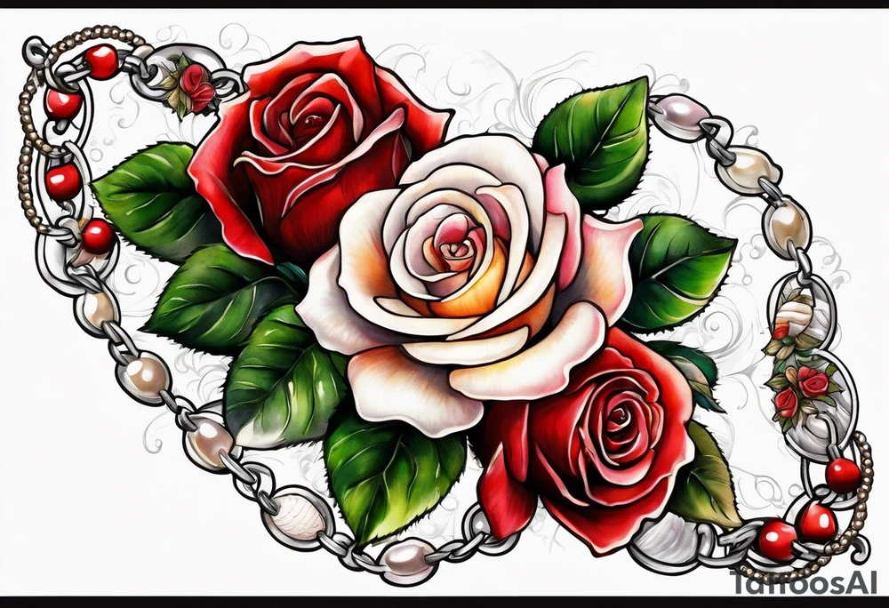 Red roses with a chain of pearls and seashells tattoo idea