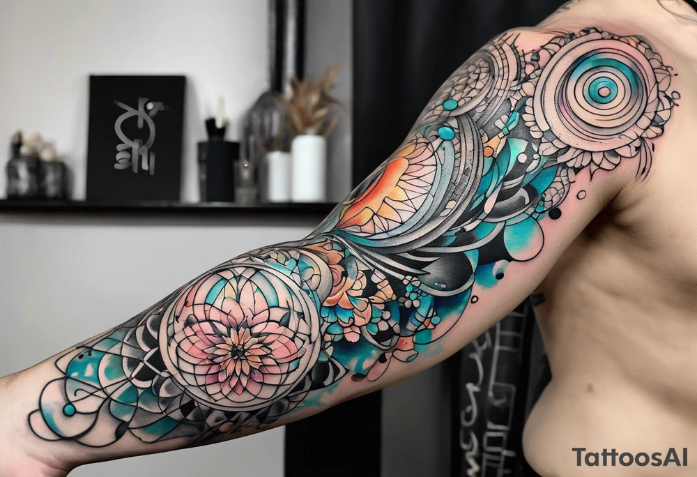 flowing abstract large forearm tattoo with lines, splatters, circles tattoo idea