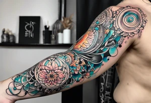 flowing abstract large forearm tattoo with lines, splatters, circles tattoo idea