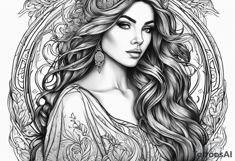 Virgo mother beautiful long hair tattoo idea