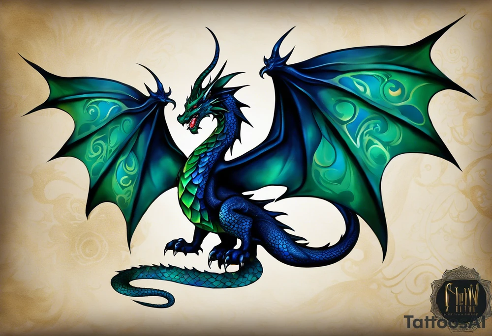 An epic floating wingless dragon, its body coiling dynamically, with scales and horns detailed to create a sense of movement and strength. The dragon's main color is dark blue but features accents in green, blue, and gold, giving a vibrant depth and a mystical aura. This tattoo highlights the dragon’s fierce expression and sharp claws as it wraps protectively around the leg. Style: Realism tattoo idea