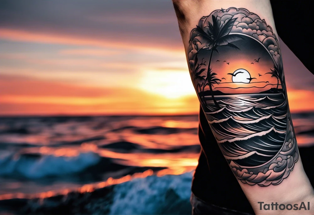 Tattoo on forearm from the perspective of being on the ocean at sunset. Water is calm, with very light waves, the sun is setting behind the ocean, reflecting light onto the ocean. tattoo idea
